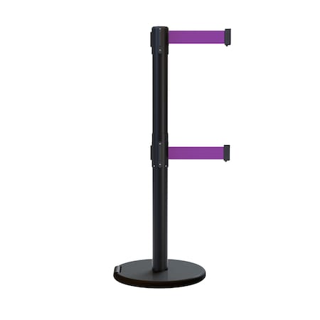 Montour Line Retractable Double Belt Rolling Stanchion, Purple, 7.5 ft Length, 2.5 ft Post Height P400DRL-BK-PE-75